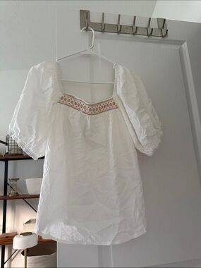 Maurices White Puff-Sleeve Peasant Top with Embroidered Yoke